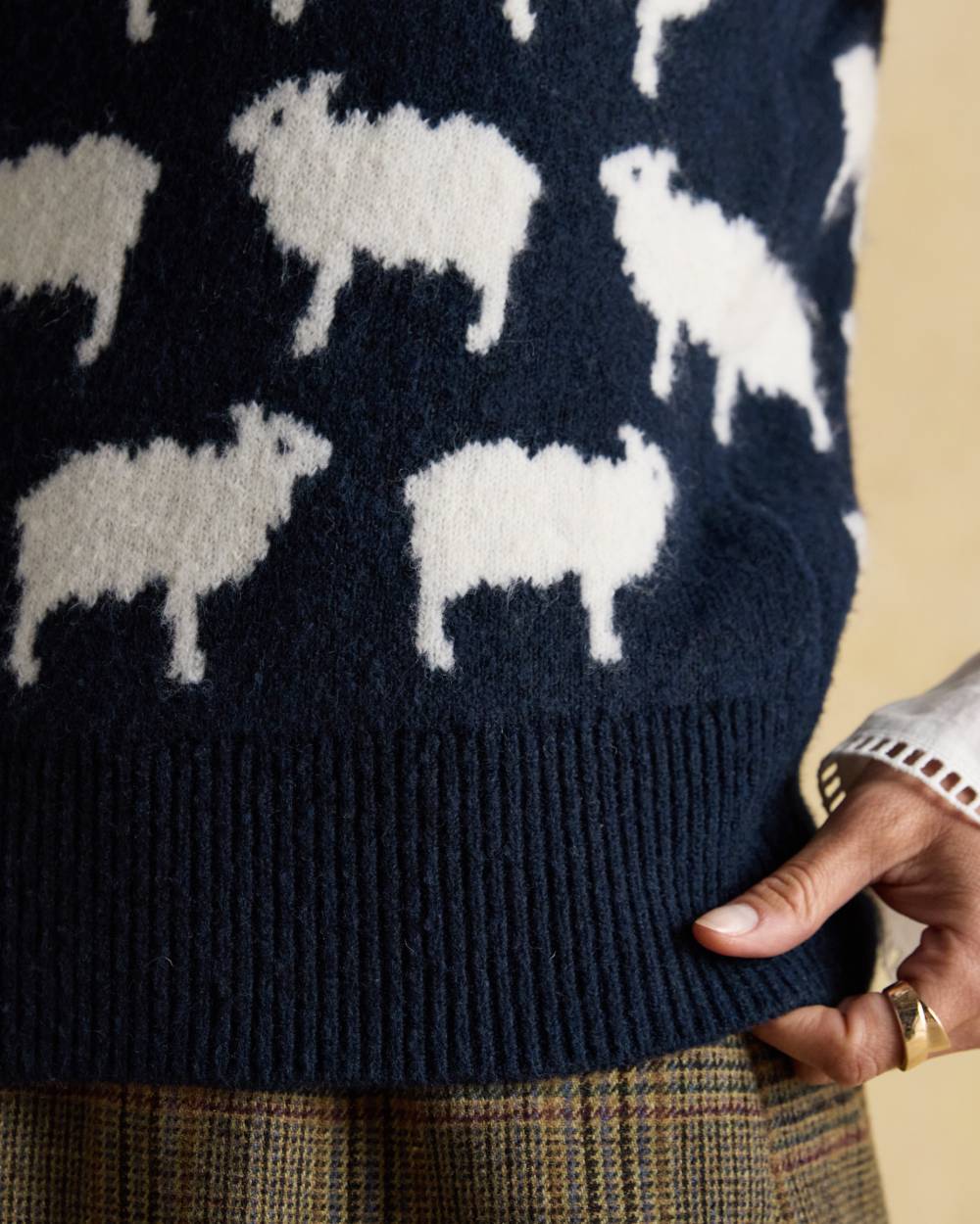 Navy coloured Joules Womens What The Flock Intarsia Knitted Vest on wall background