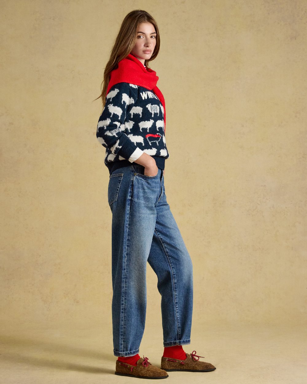 Navy Coloured Joules Womens Winter Woolies Knit on Beige Background