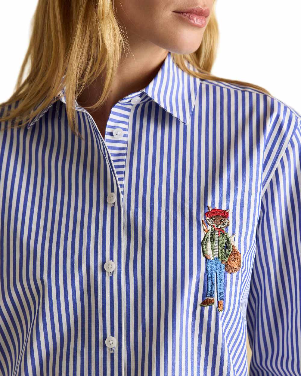 Blue White Coloured Joules Amilla Boyfriend Fit Shirt on white background