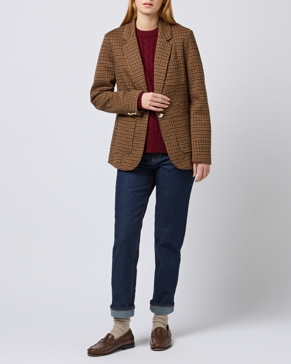 Check coloured Joules Womens Albury Cotton Blazer on plain background