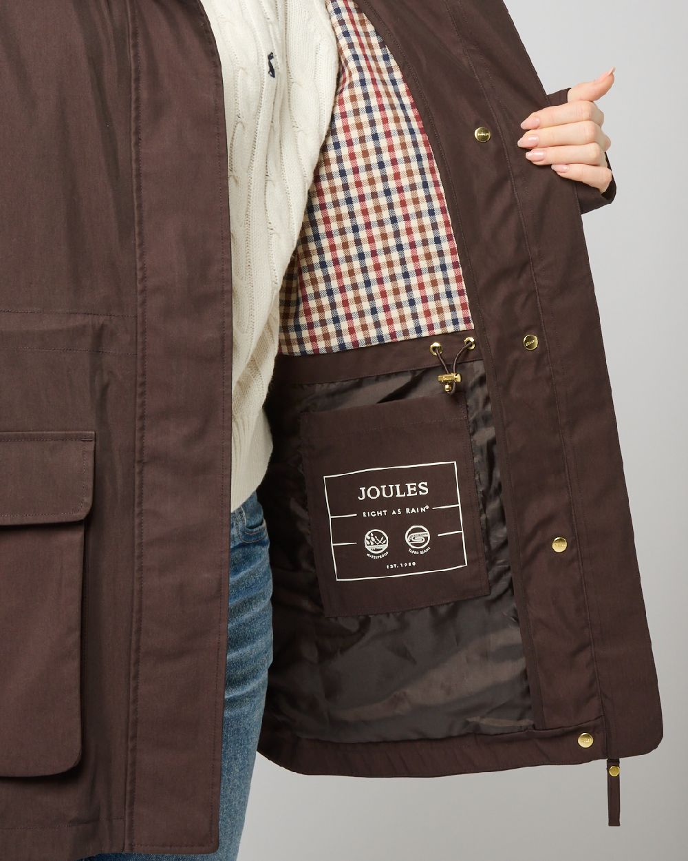 Brown Coloured Joules Portwell Waterproof Raincoat With Hood On A White Background
