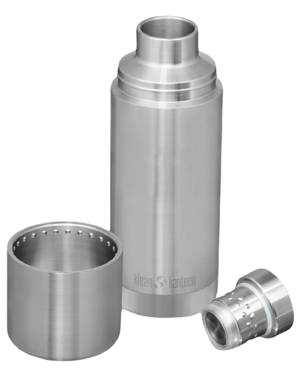 Brushed Stainless coloured Klean Kanteen Insulated TKPro Flask on white background
