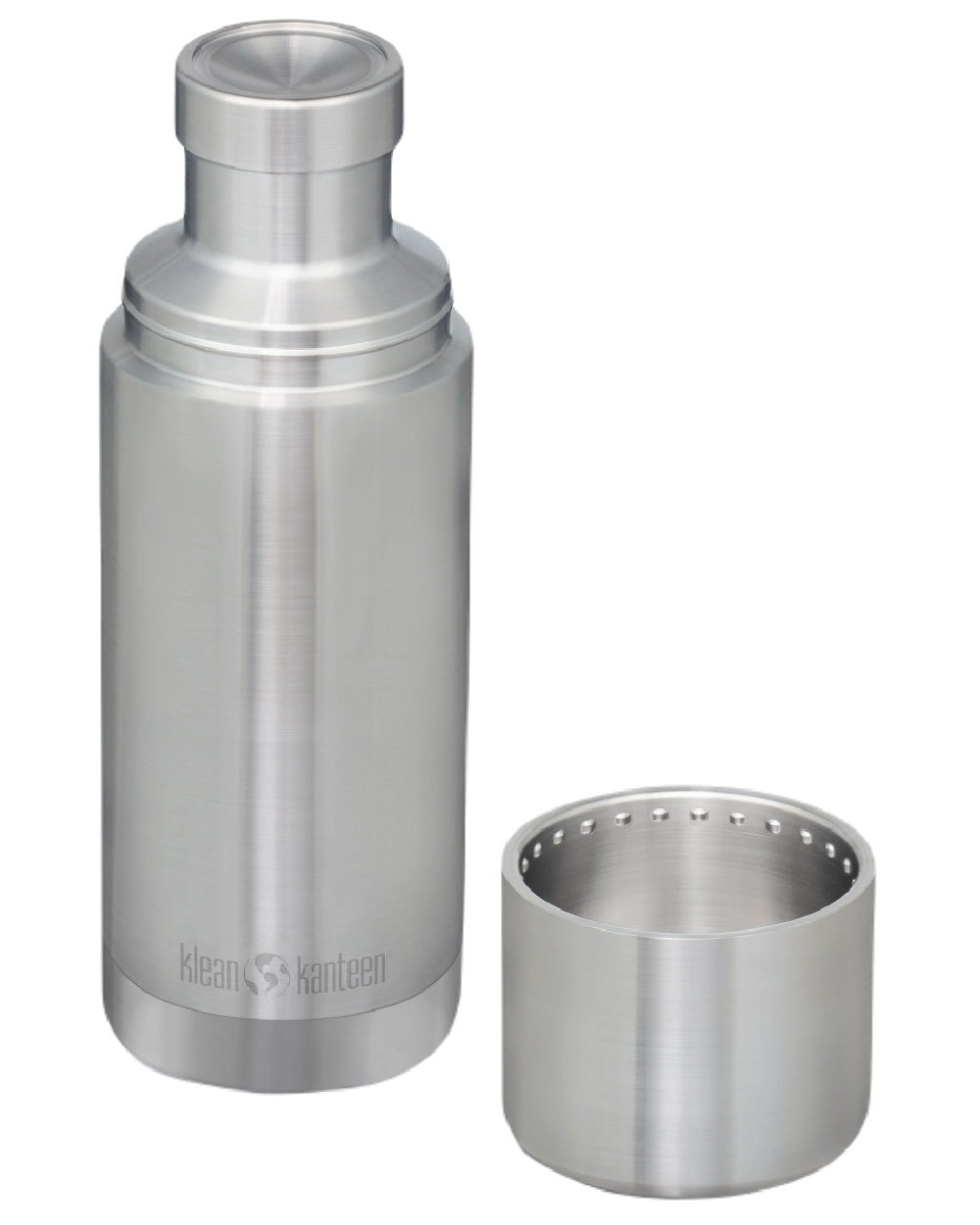 Brushed Stainless coloured Klean Kanteen Insulated TKPro Flask on white background