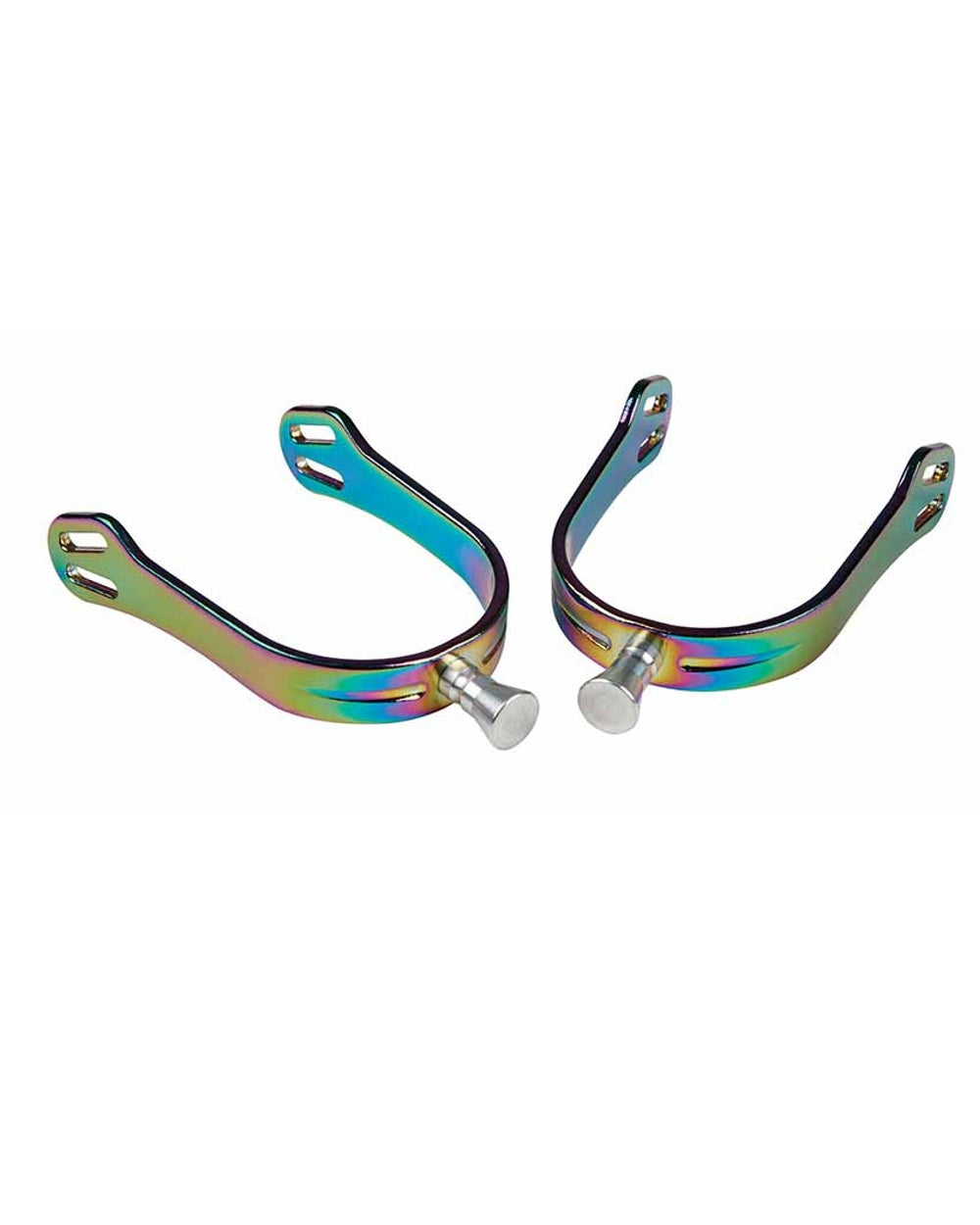 Rainbow coloured Korsteel Aluminium Interchangeable Spurs on white background