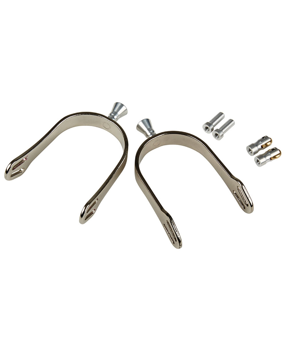 Silver coloured Korsteel Aluminium Spurs on white background