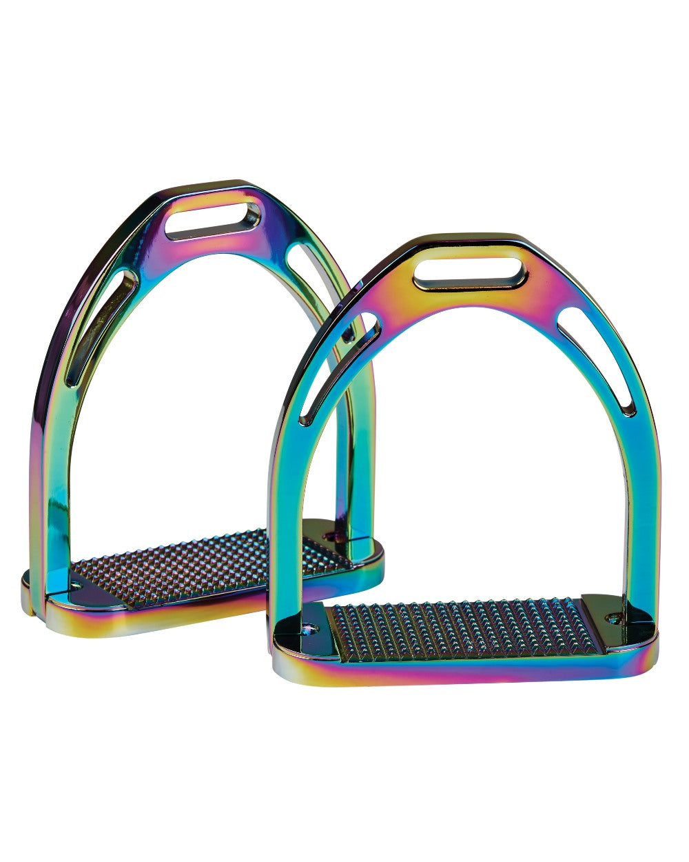 Rainbow coloured Korsteel Aluminium Stirrups on white background