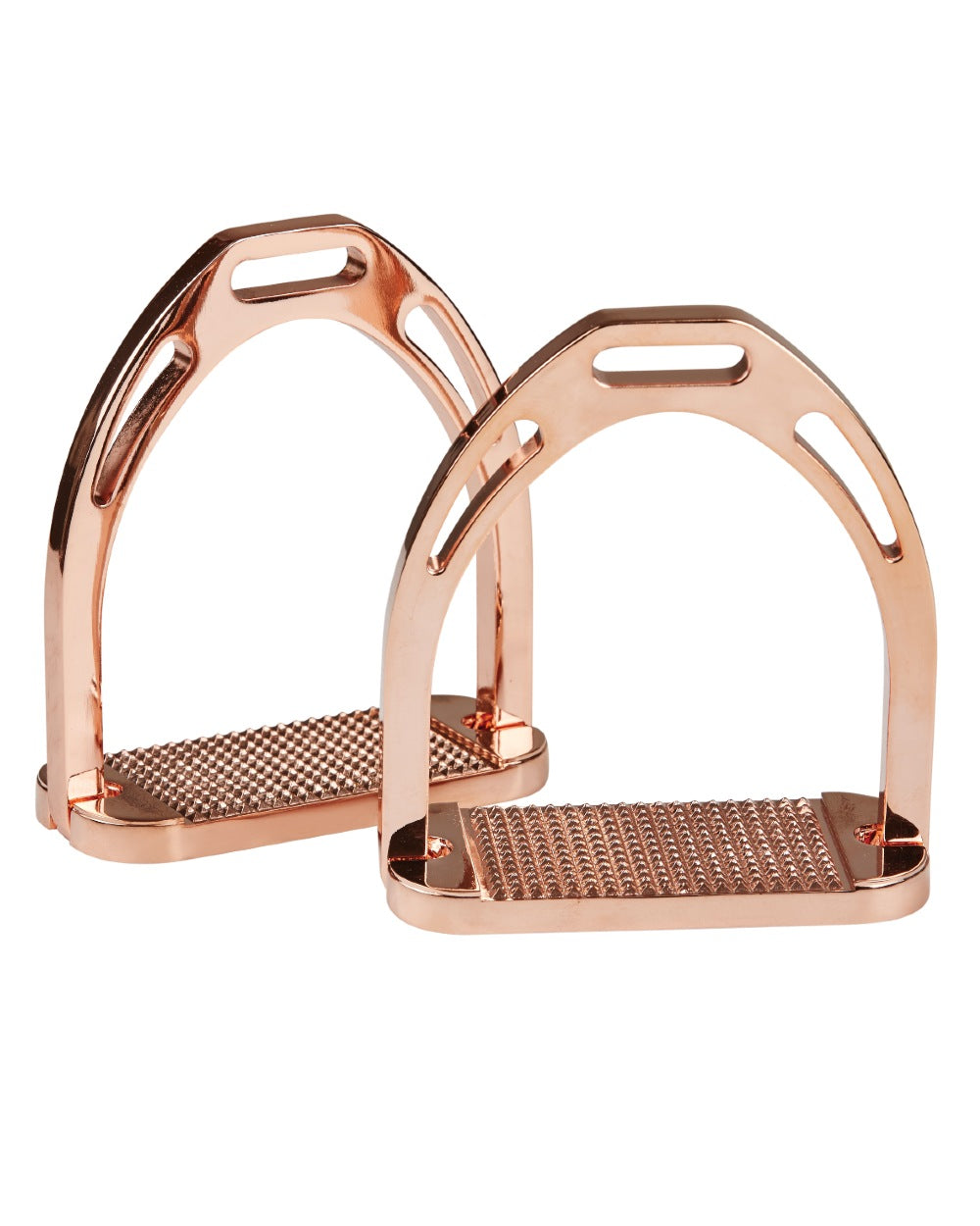 Rose Gold coloured Korsteel Aluminium Stirrups on white background