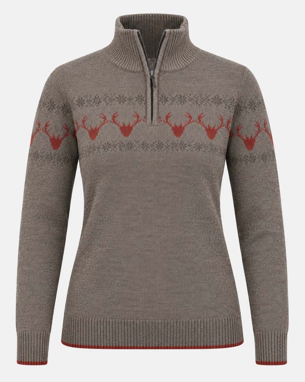 Brown Coloured Laksen Lady Deer Jacquard Lambswool Sweater on White Background