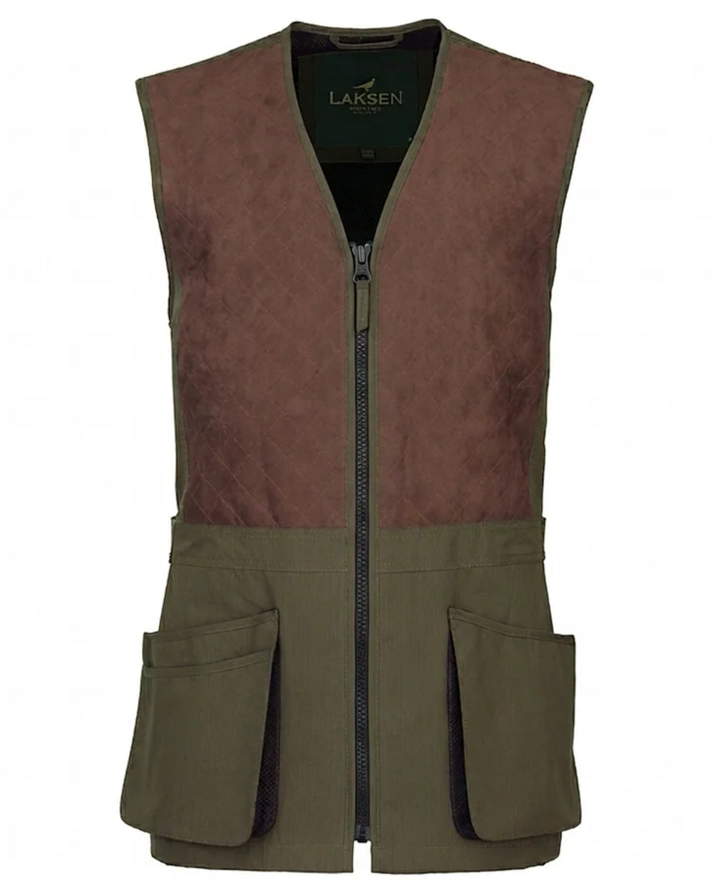 Olive coloured Laksen Marsh Shooting Vest on white background