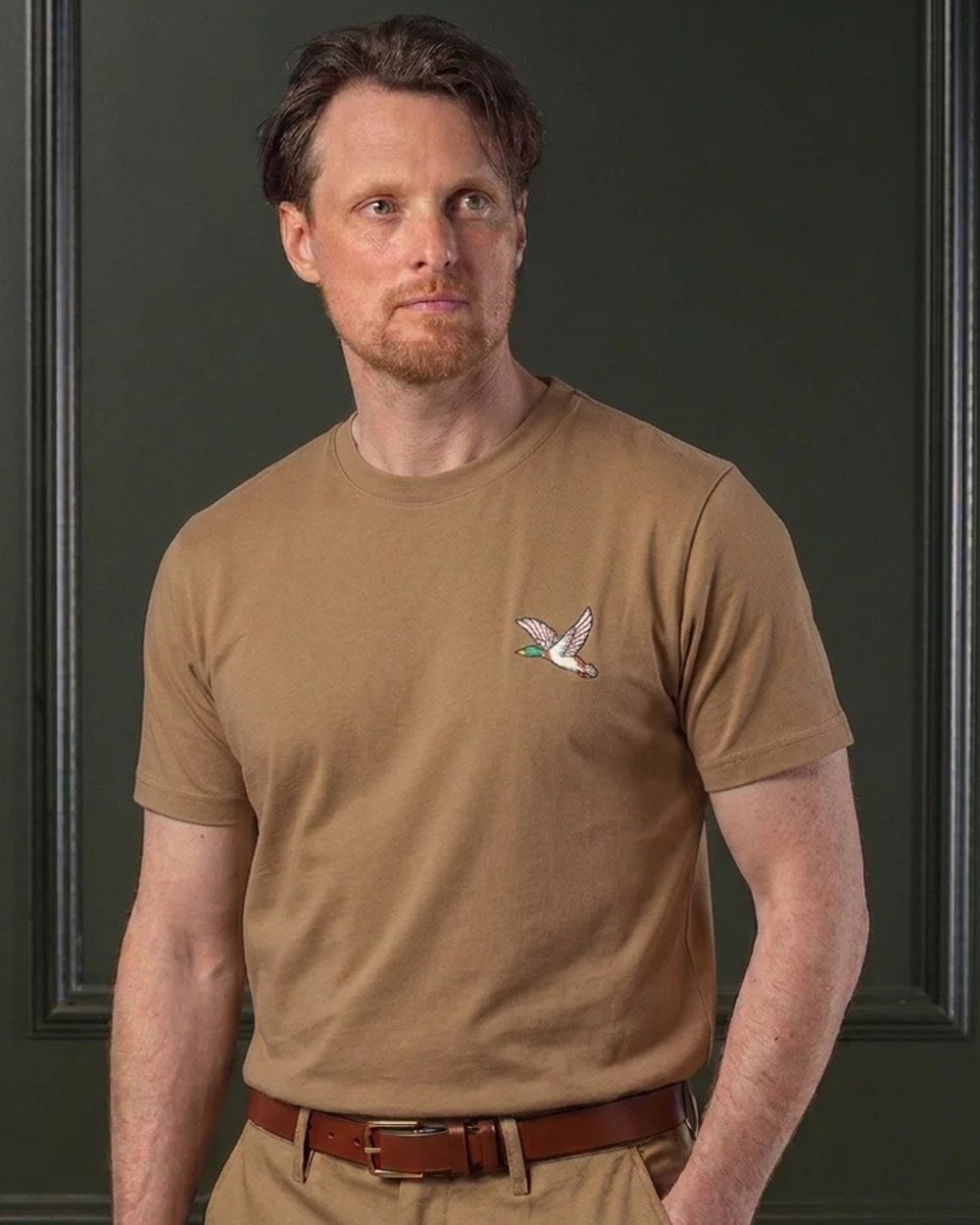 Camel coloured Laksen Mens Duck Cotton T-Shirt on wall background