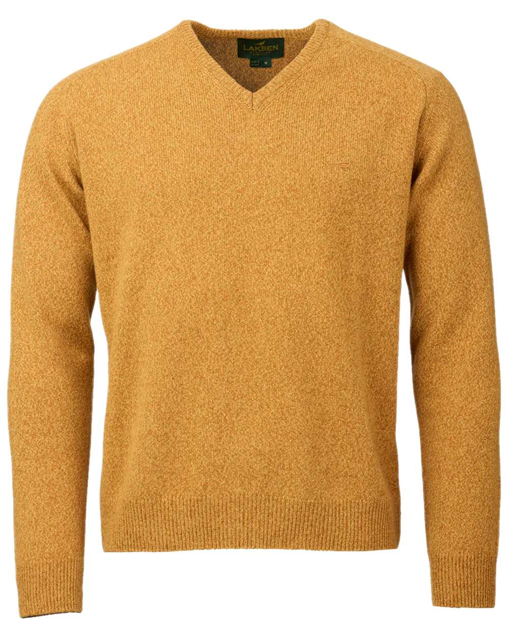 Gorse Coloured Laksen Mens Trent V-Neck Lambswool Sweater on white background