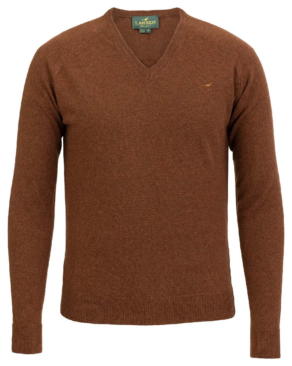 Toffee Coloured Laksen Mens Trent V-Neck Lambswool Sweater on white background