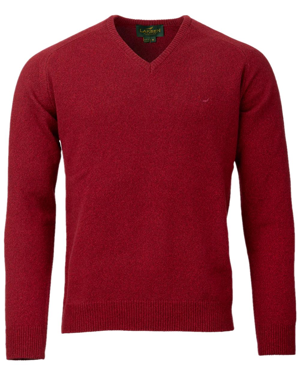 Wine Coloured Laksen Mens Trent V-Neck Lambswool Sweater on white background