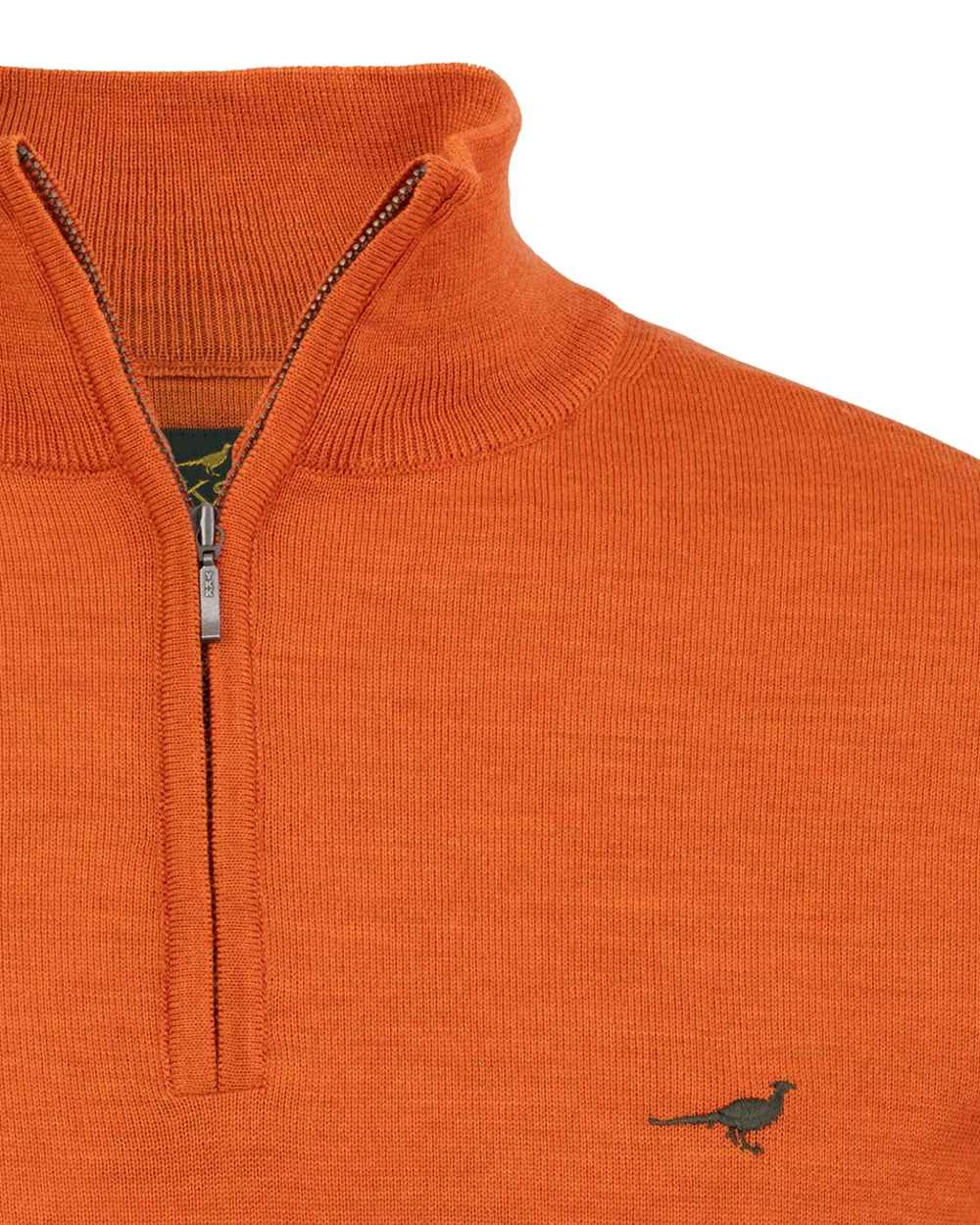 Orange Coloured Laksen Norfolk Zip Neck Merino Sweater on white background