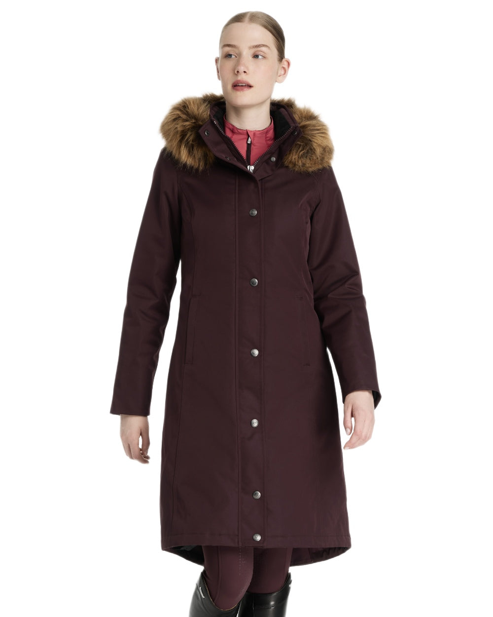 Damson Coloured LeMieux Anya Waterproof Riding Coat On A White Background