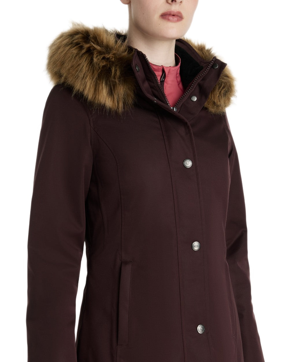 Damson Coloured LeMieux Anya Waterproof Riding Coat On A White Background