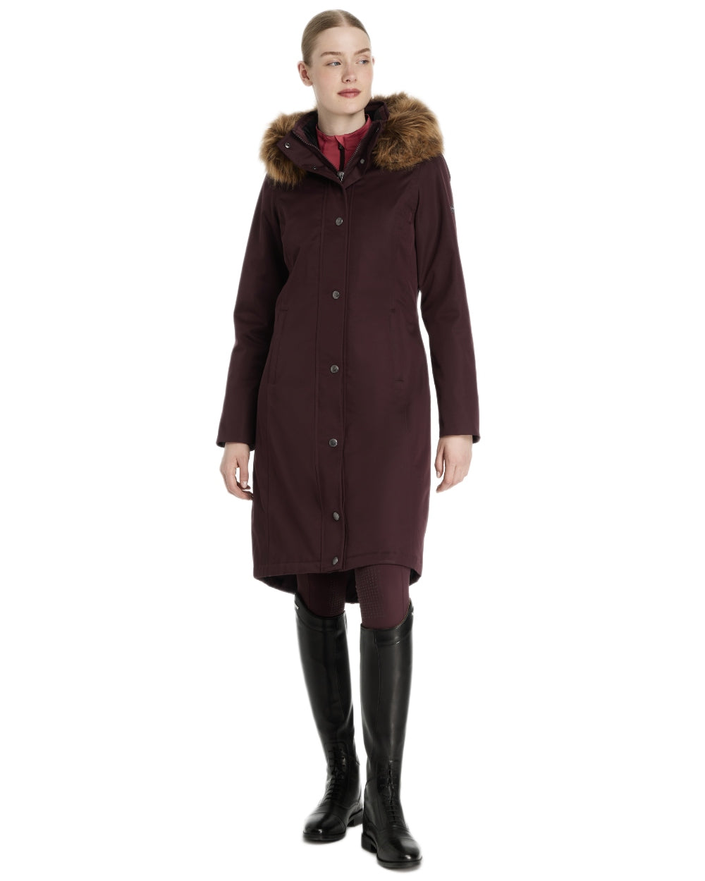 Damson Coloured LeMieux Anya Waterproof Riding Coat On A White Background