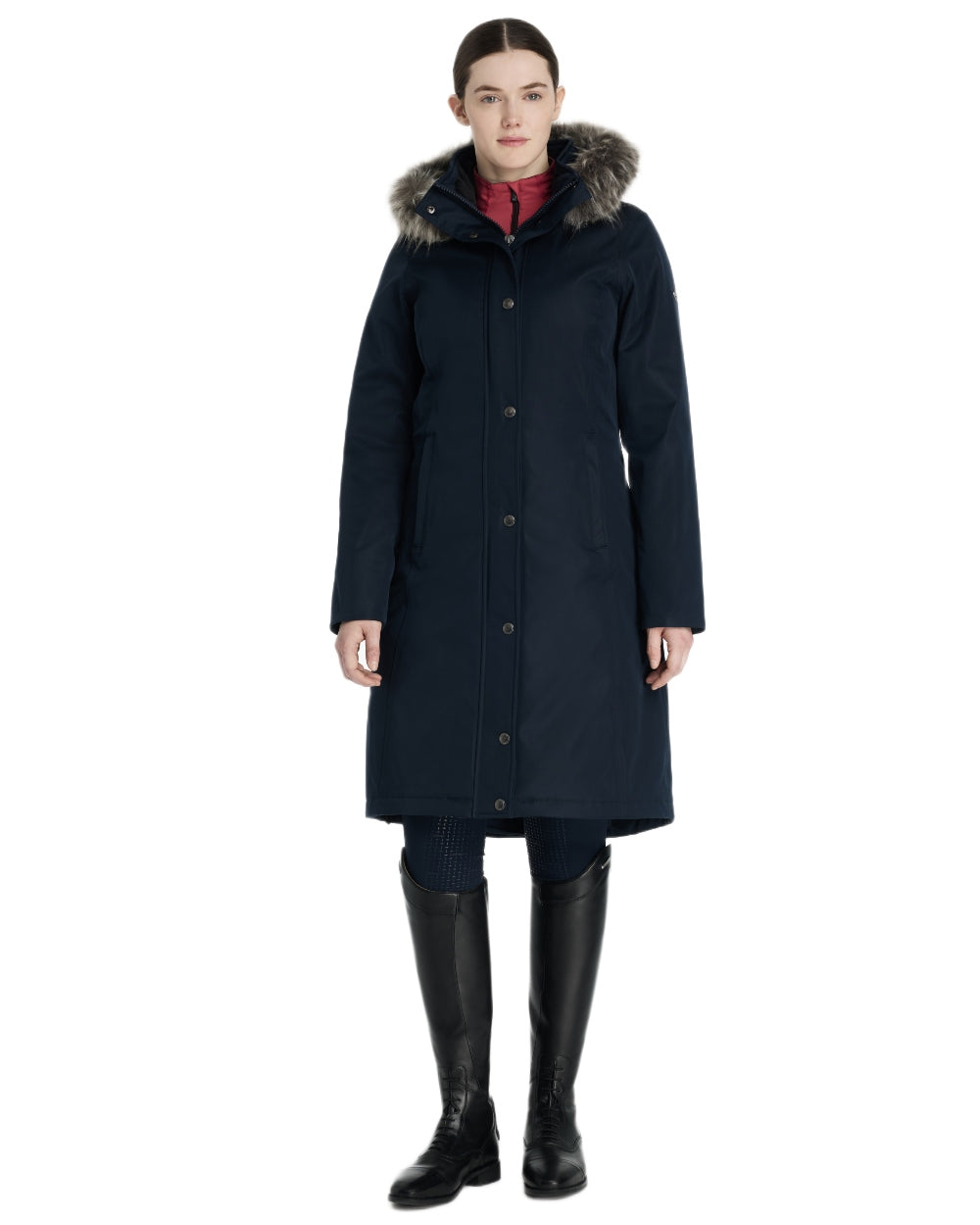 Navy Coloured LeMieux Anya Waterproof Riding Coat On A White Background