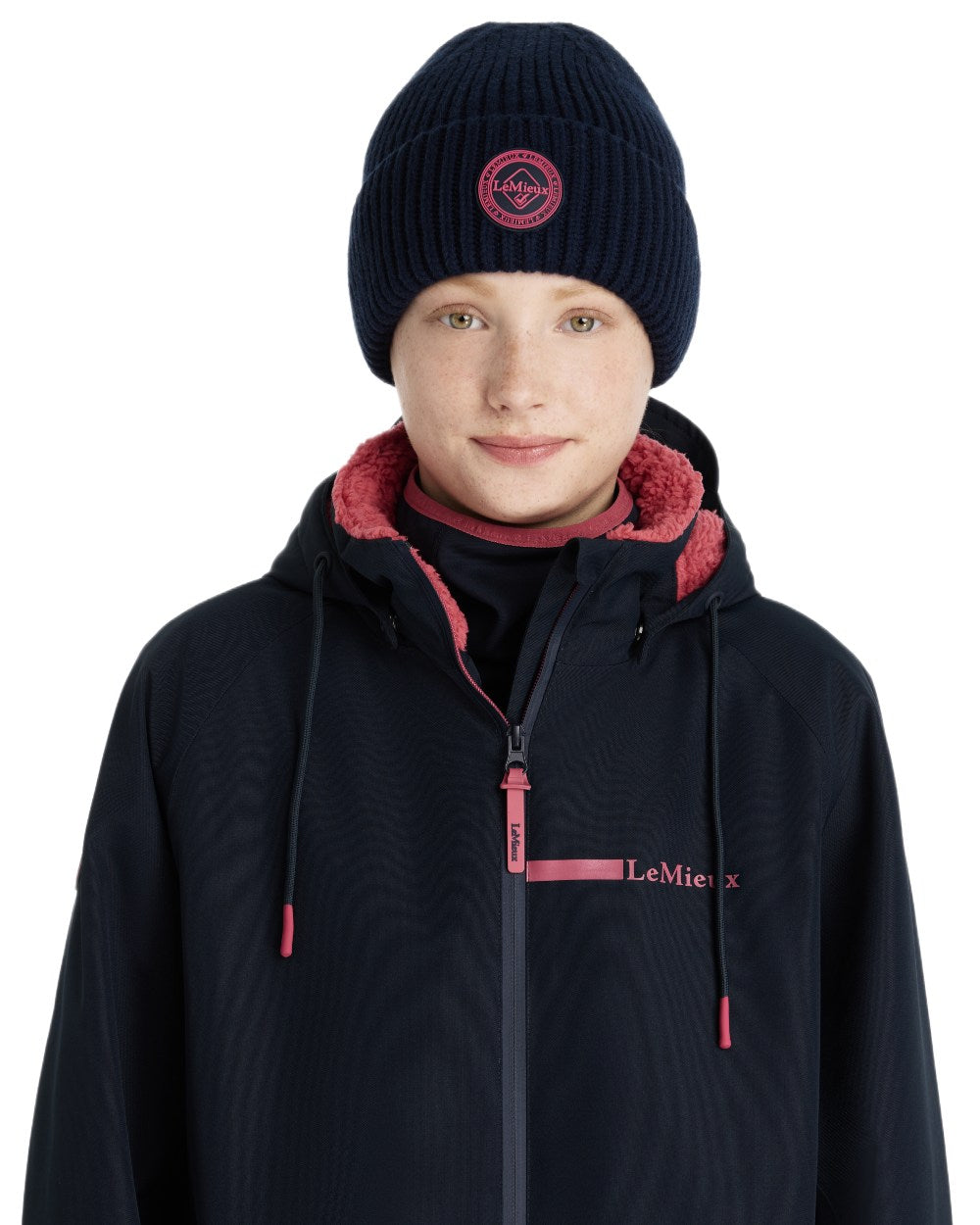 Navy coloured LeMieux Bodie Beanie on white background