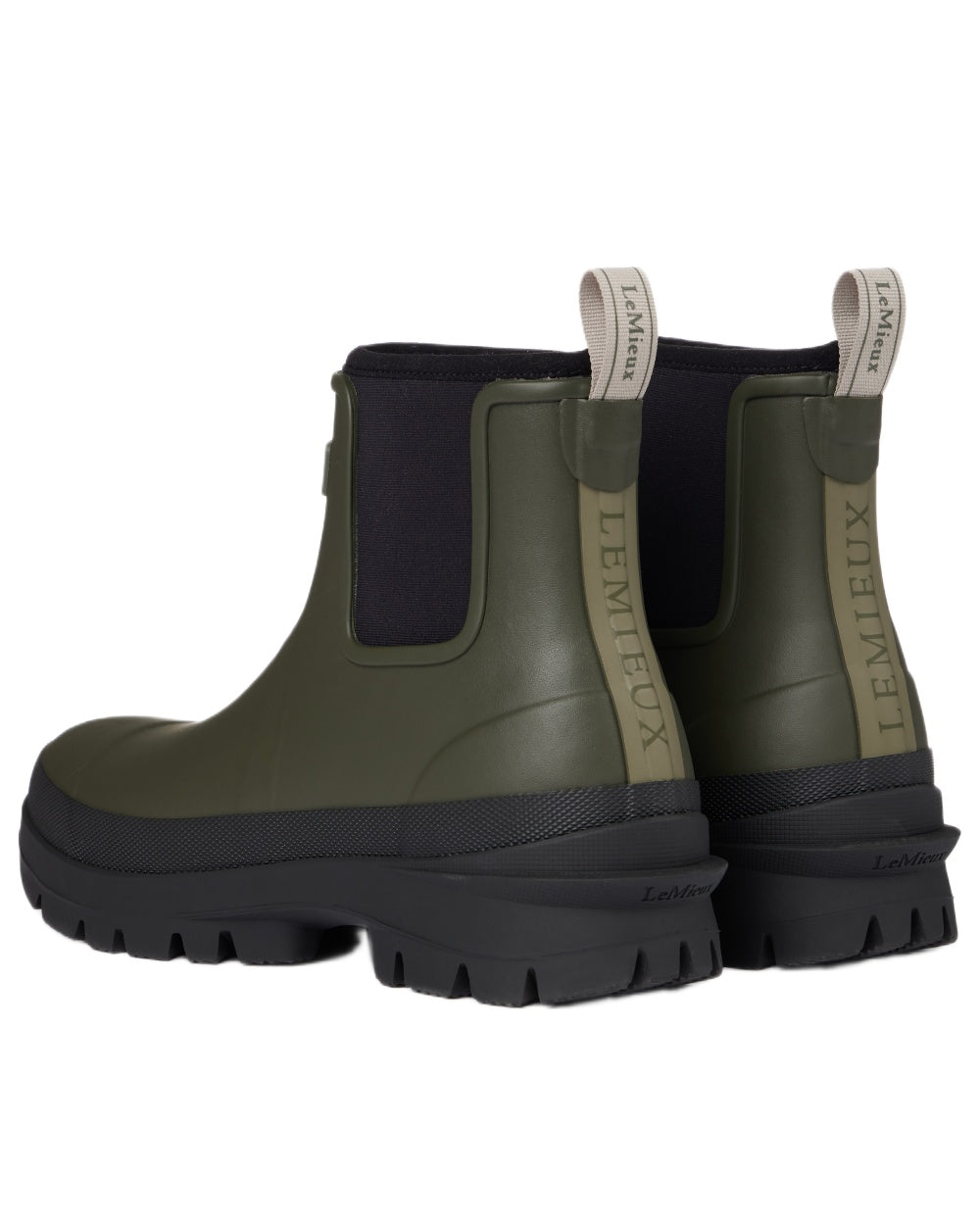 Olive coloured LeMieux Bramshaw Chelsea Wellies on white background