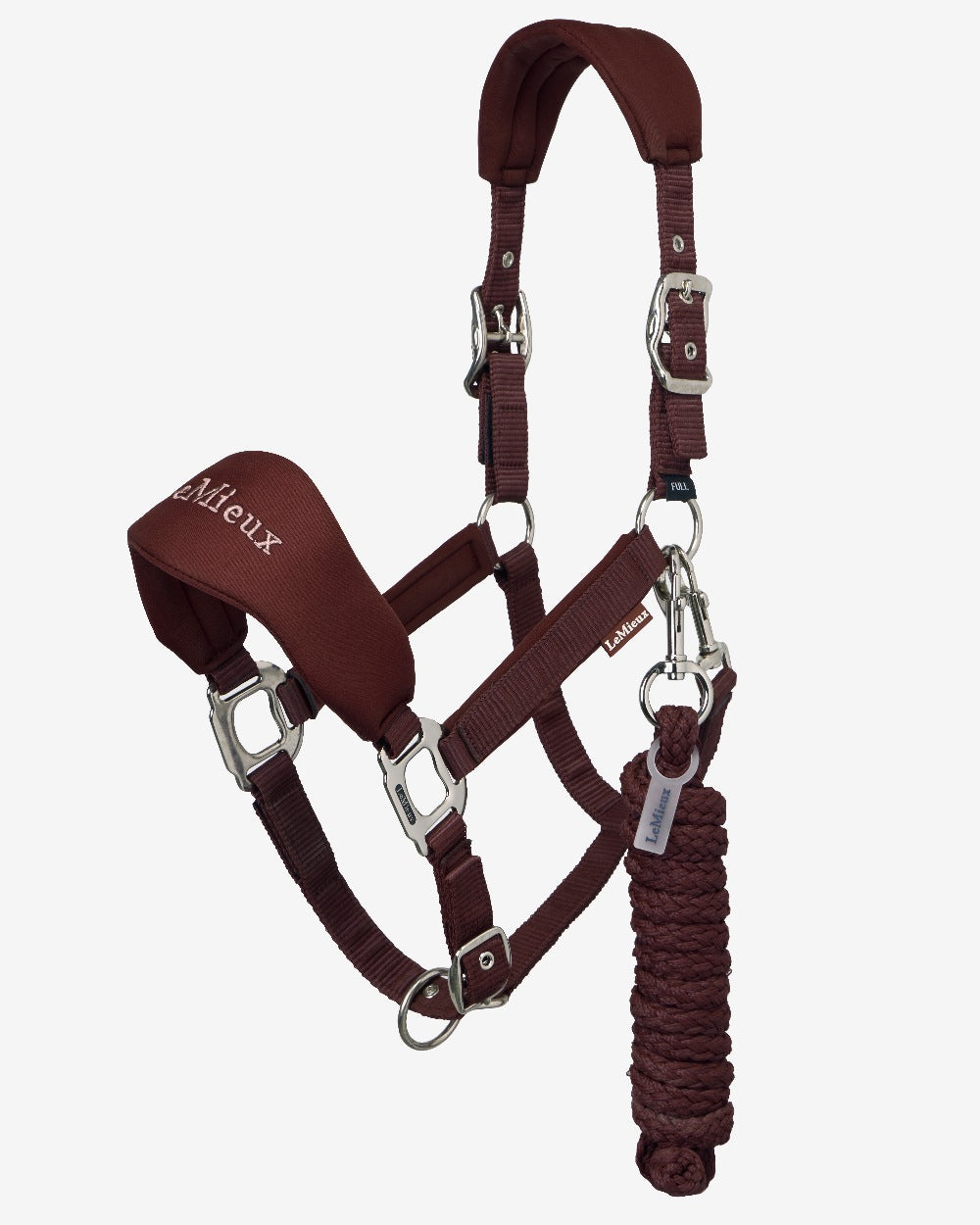 Bramble Coloured LeMieux Breakaway Vogue Headcollar and Leadrope on White Background