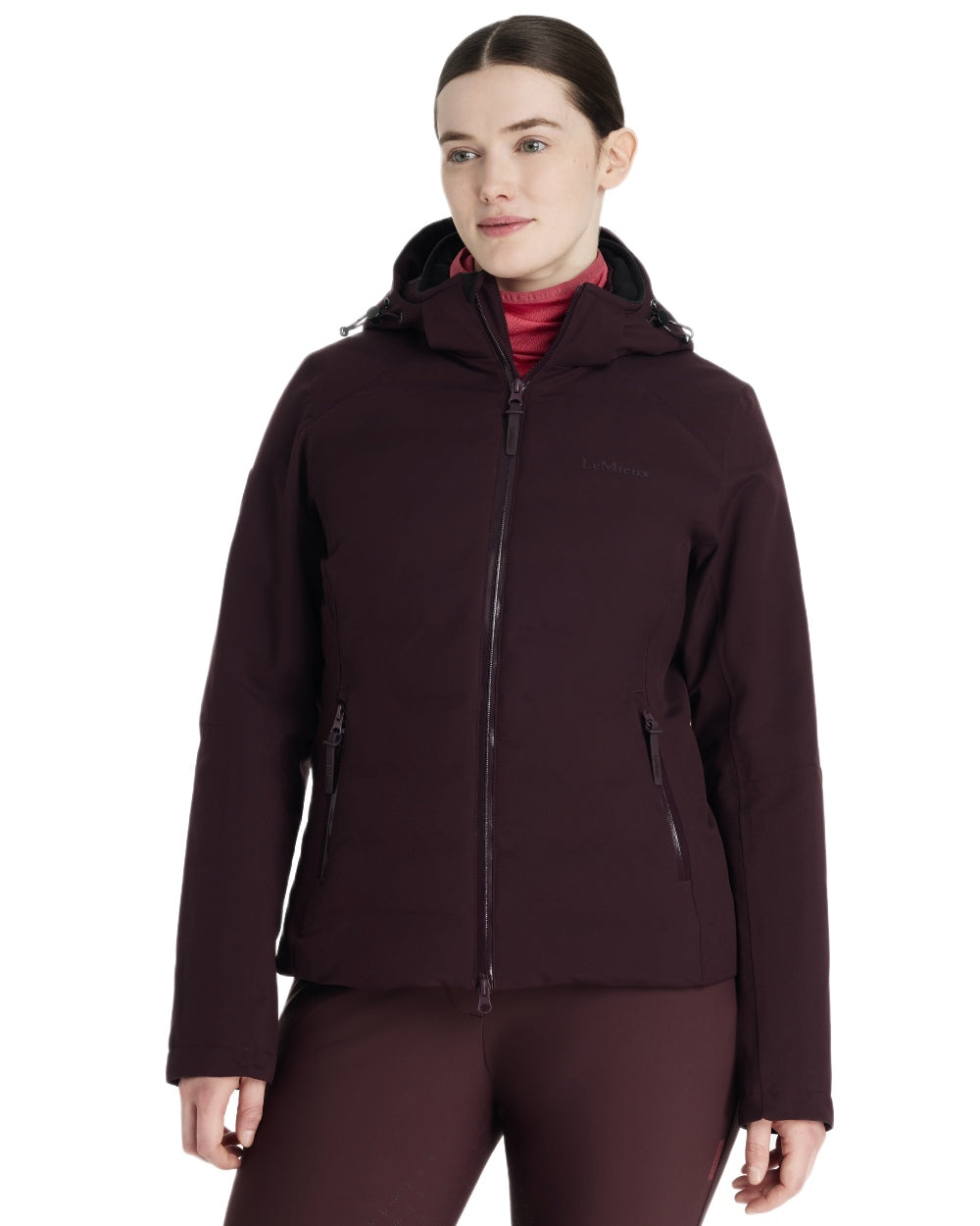 Damson coloured LeMieux Brooke Waterproof Hybrid Jacket on white background