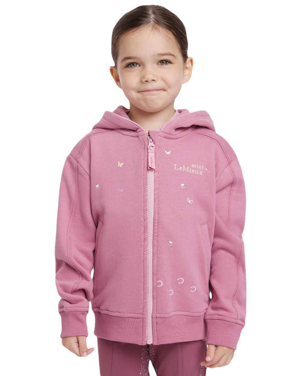 Peony coloured LeMieux Childrens Mini Charlie Zip Through Hoodie on white background