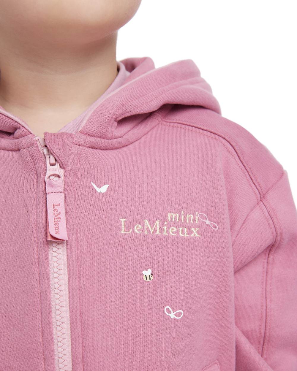 Peony coloured LeMieux Childrens Mini Charlie Zip Through Hoodie on white background