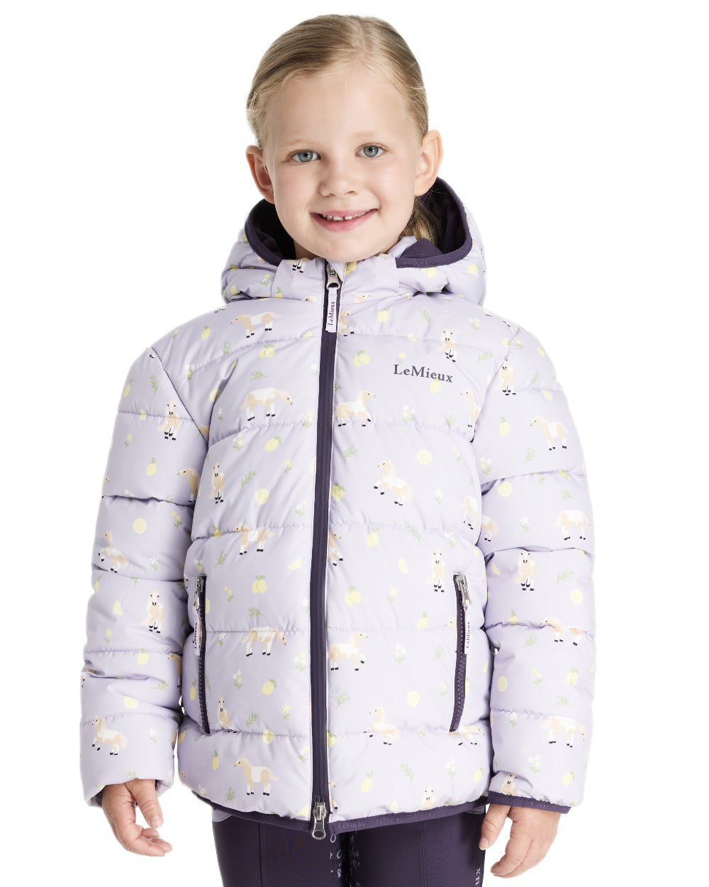 Lilac coloured LeMieux Childrens Mini Printed Lilo Puffer Jacket on white background