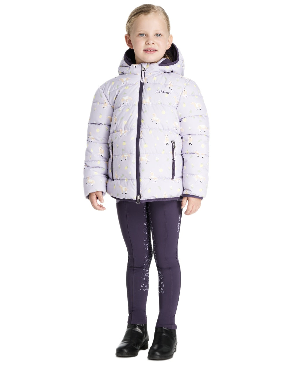 Lilac coloured LeMieux Childrens Mini Printed Lilo Puffer Jacket on white background