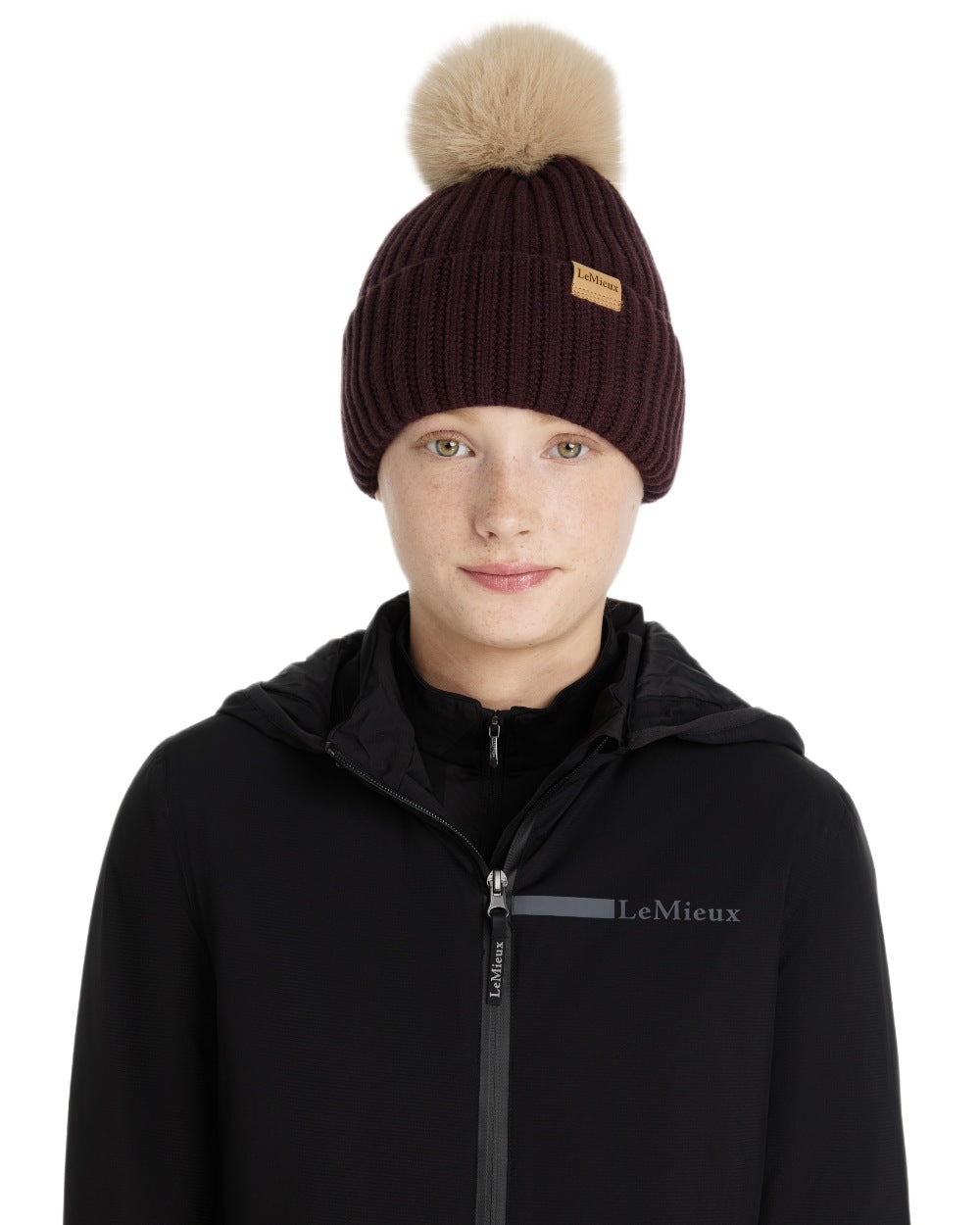 Damson coloured LeMieux Clara Rib Beanie on white background