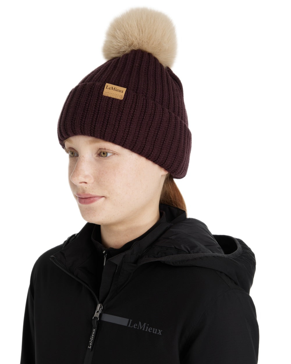 Damson coloured LeMieux Clara Rib Beanie on white background