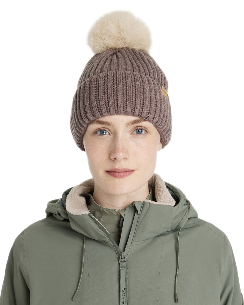 Walnut coloured LeMieux Clara Rib Beanie on white background
