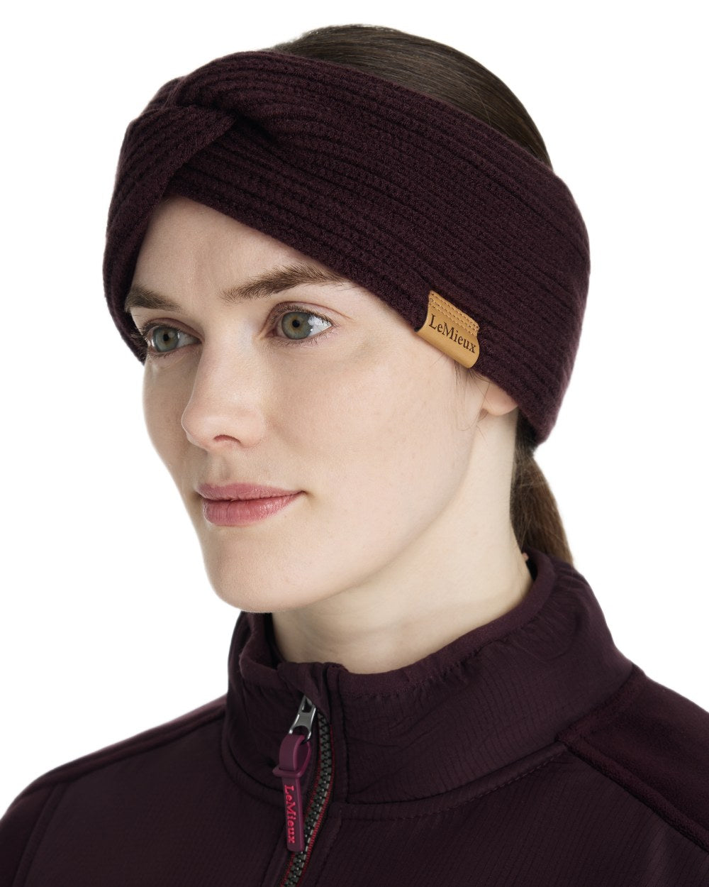 Damson coloured LeMieux Clara Rib Knot Headband on white background