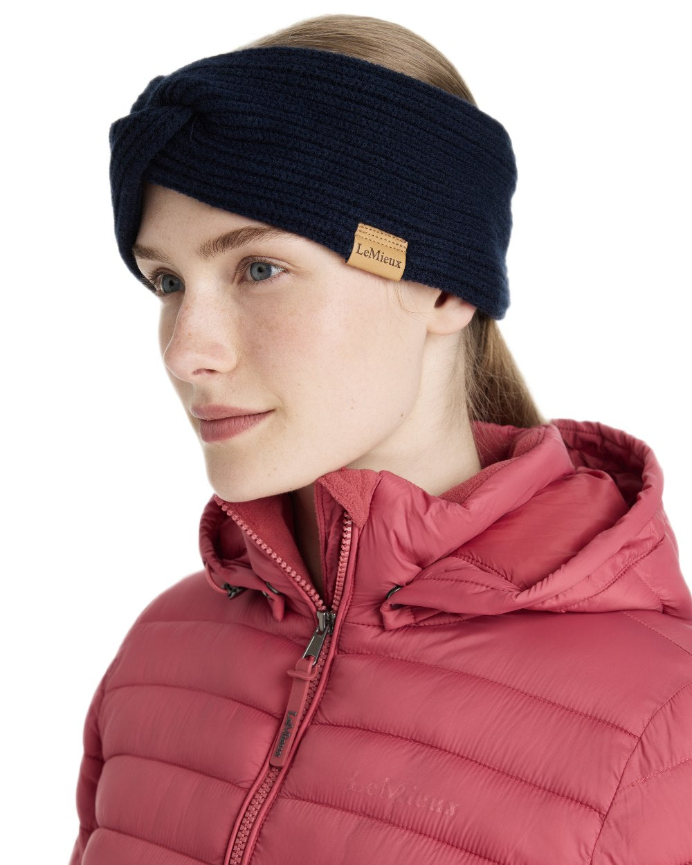 Navy coloured LeMieux Clara Rib Knot Headband on white background