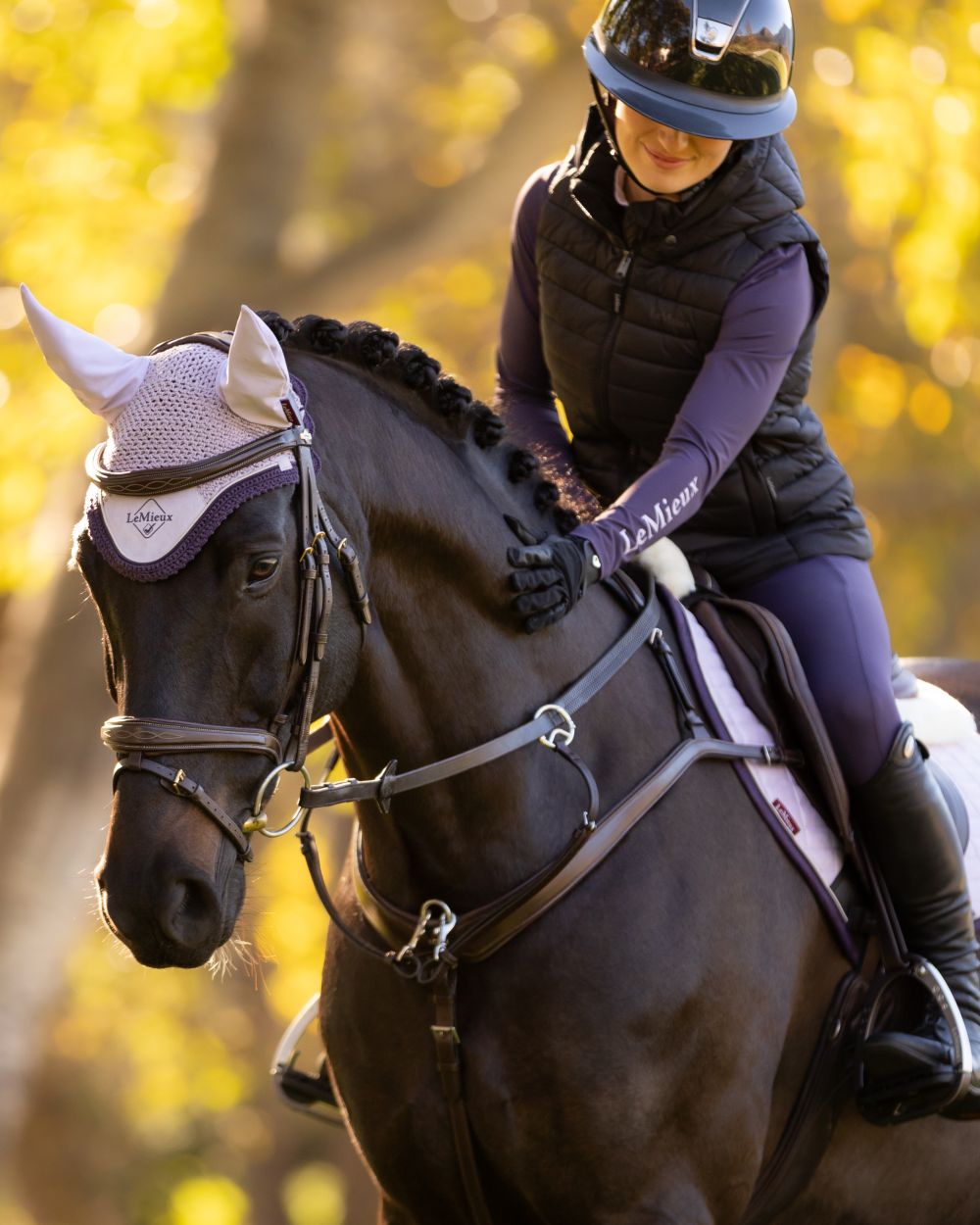 Lilac coloured LeMieux Classic Fly Hood on tree background