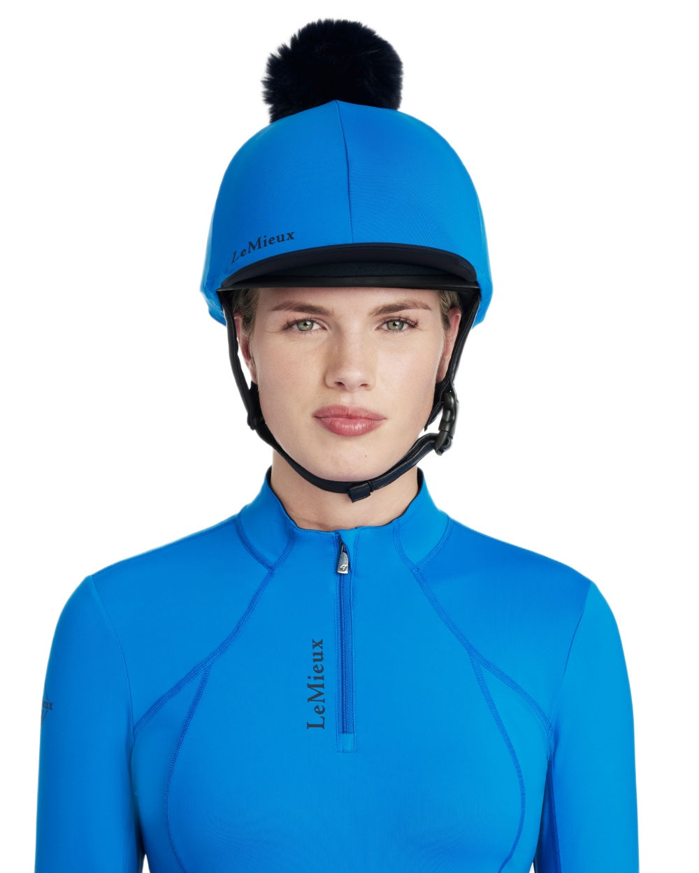 Benetton Blue coloured LeMieux Classique Pom Hat Silk on white background