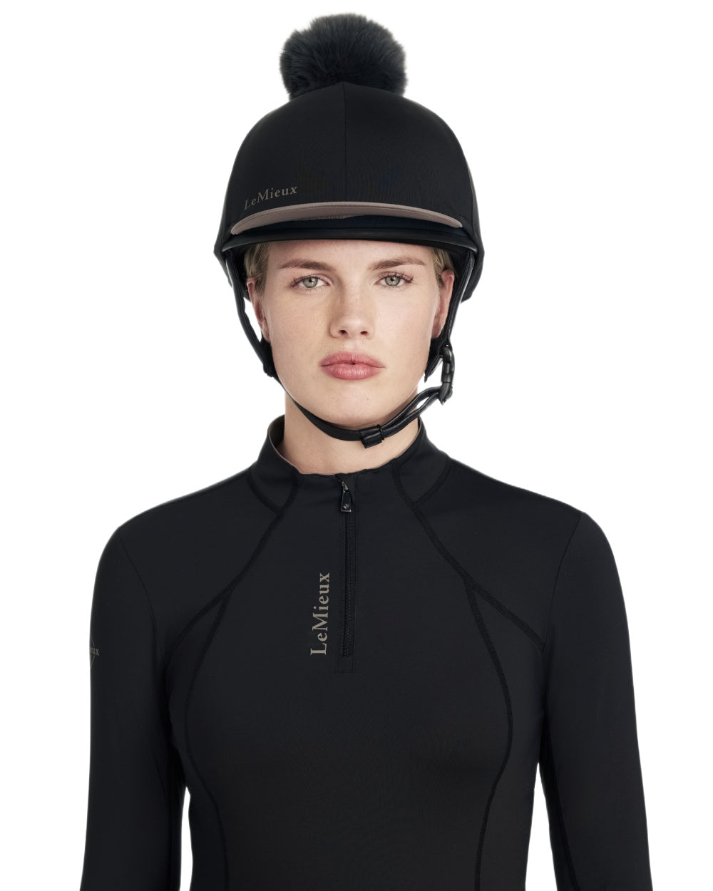 Black coloured LeMieux Classique Pom Hat Silk on white background