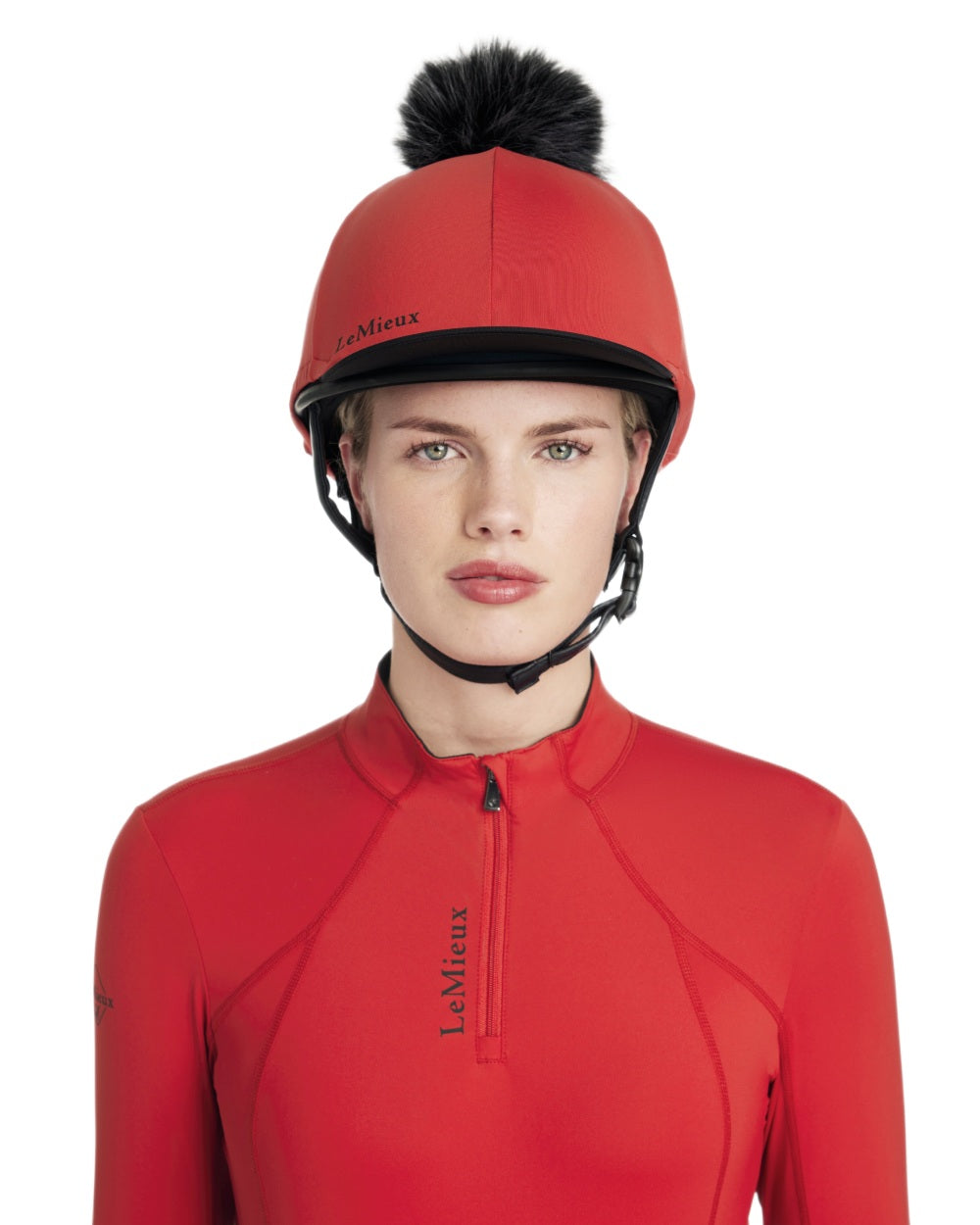 Chilli coloured LeMieux Classique Pom Hat Silk on white background