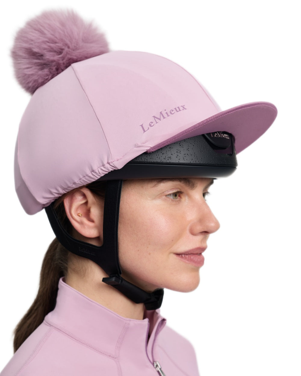 Fondant coloured LeMieux Classique Pom Hat Silk on white background