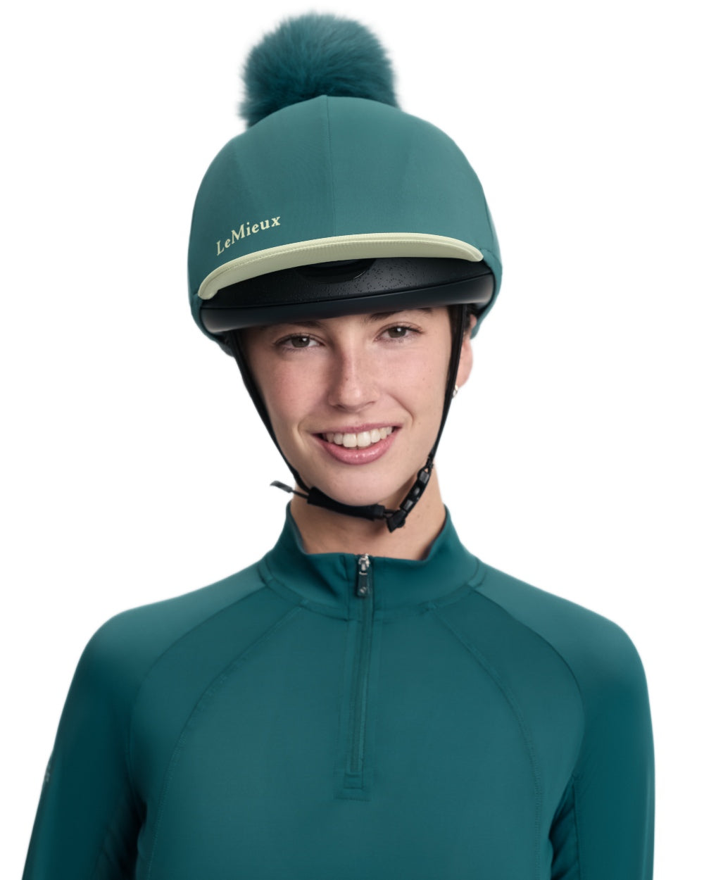 Jungle coloured LeMieux Classique Pom Hat Silk on white background