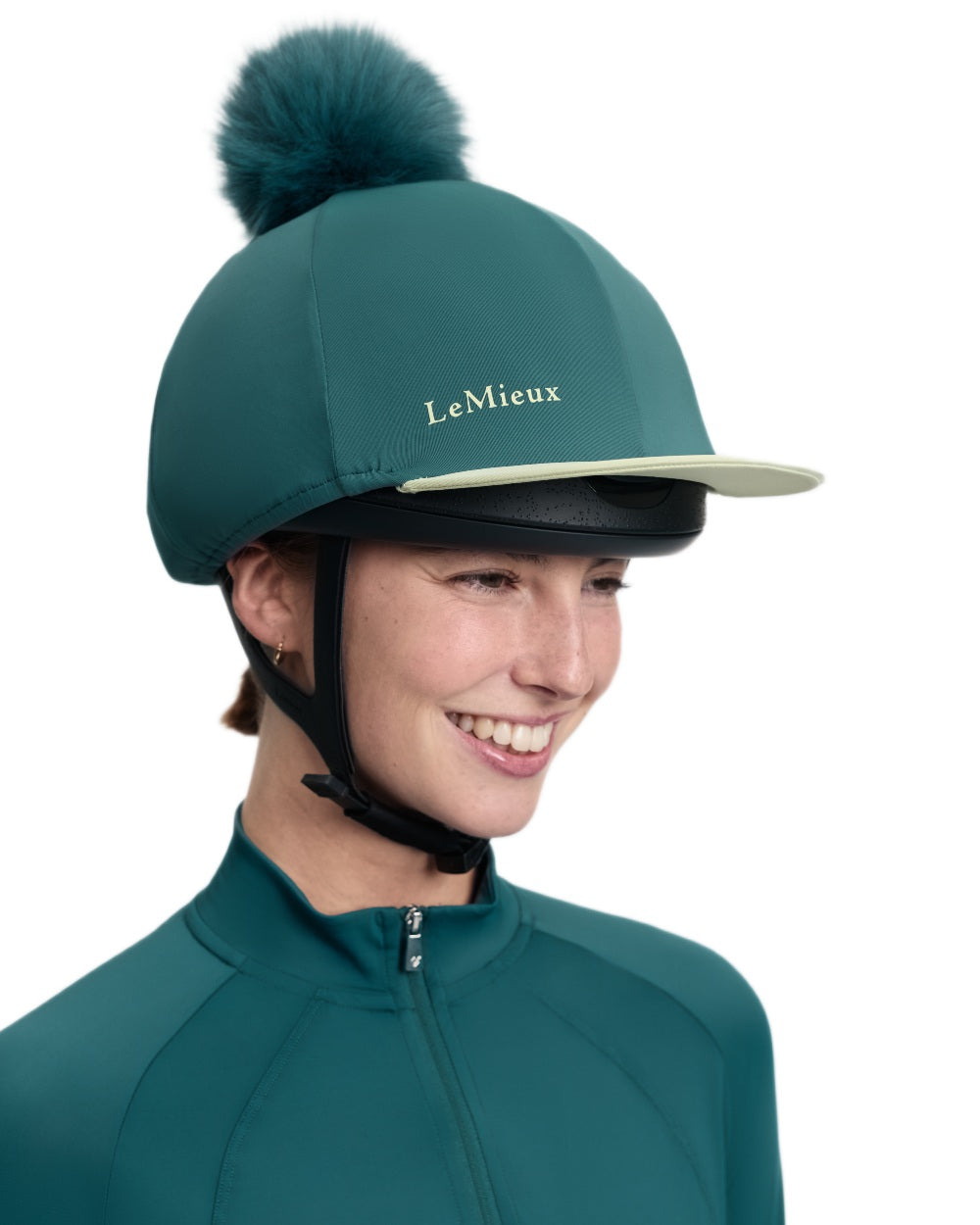 Jungle coloured LeMieux Classique Pom Hat Silk on white background