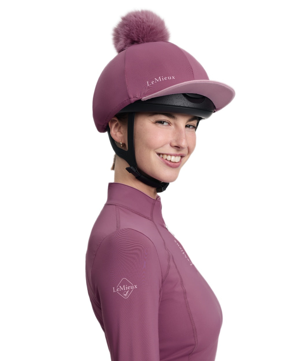 Mallow coloured LeMieux Classique Pom Hat Silk on white background