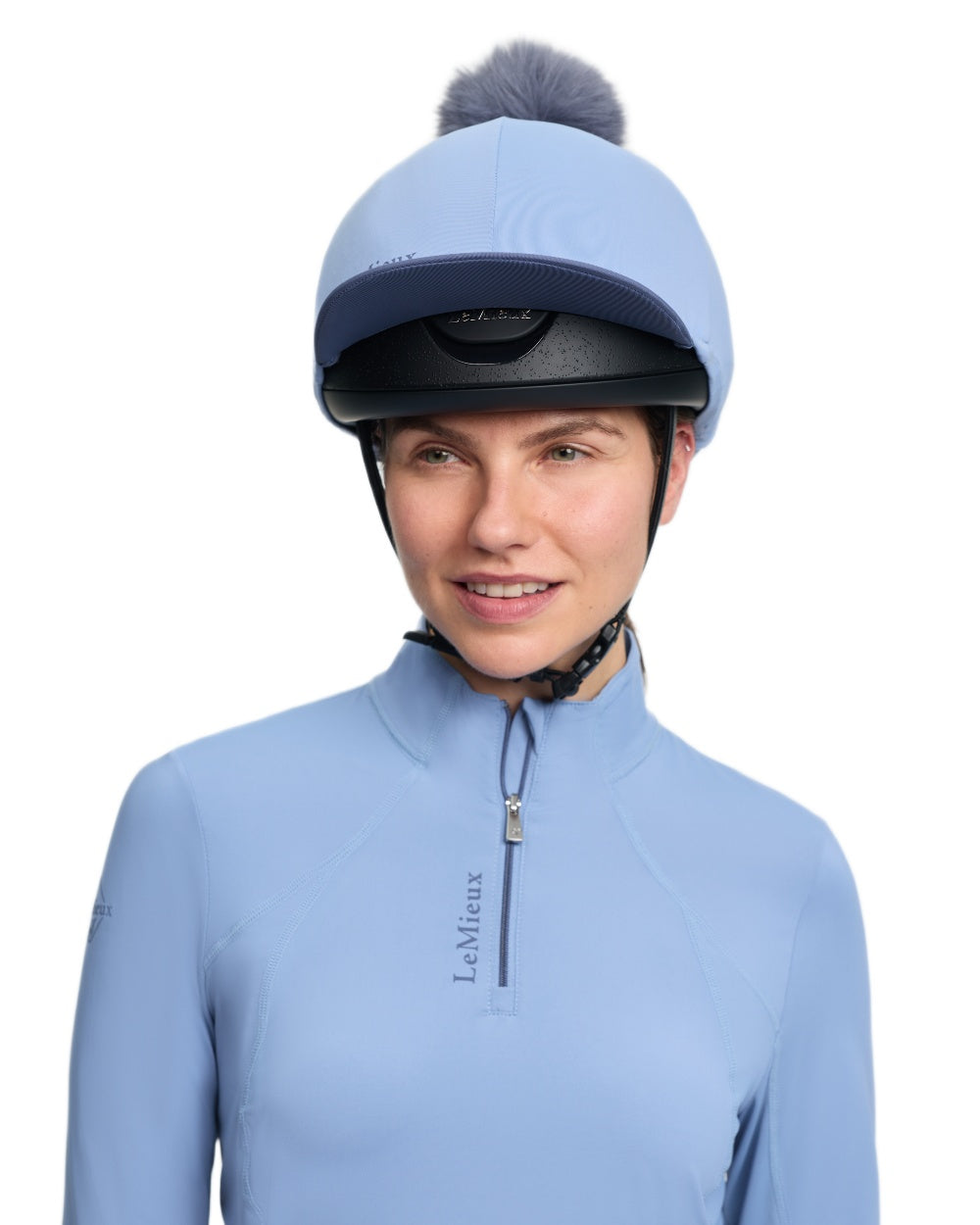 Powder Blue coloured LeMieux Classique Pom Hat Silk on white background