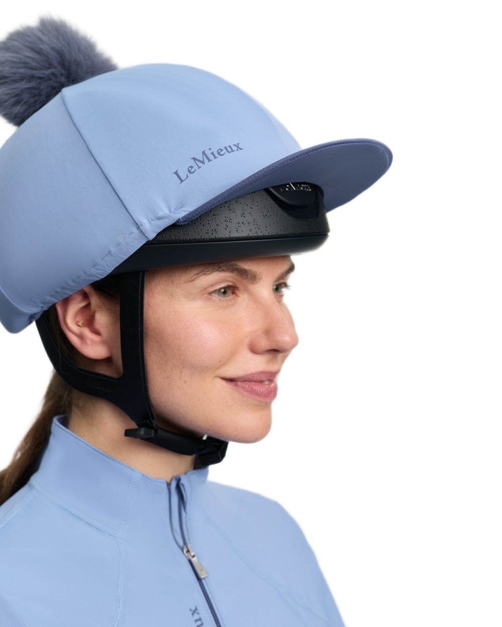 Powder Blue coloured LeMieux Classique Pom Hat Silk on white background