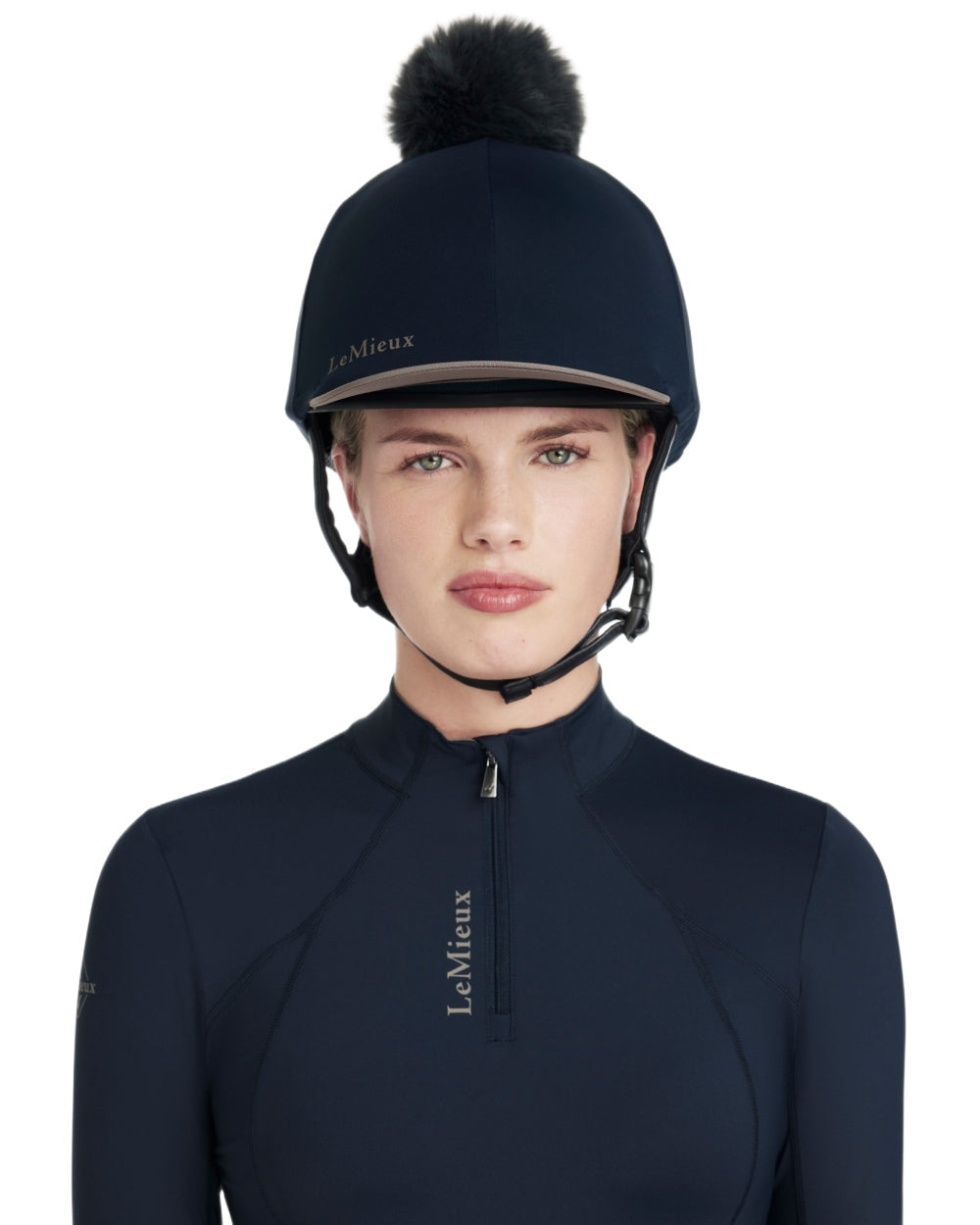Navy coloured LeMieux Classique Pom Hat Silk on white background