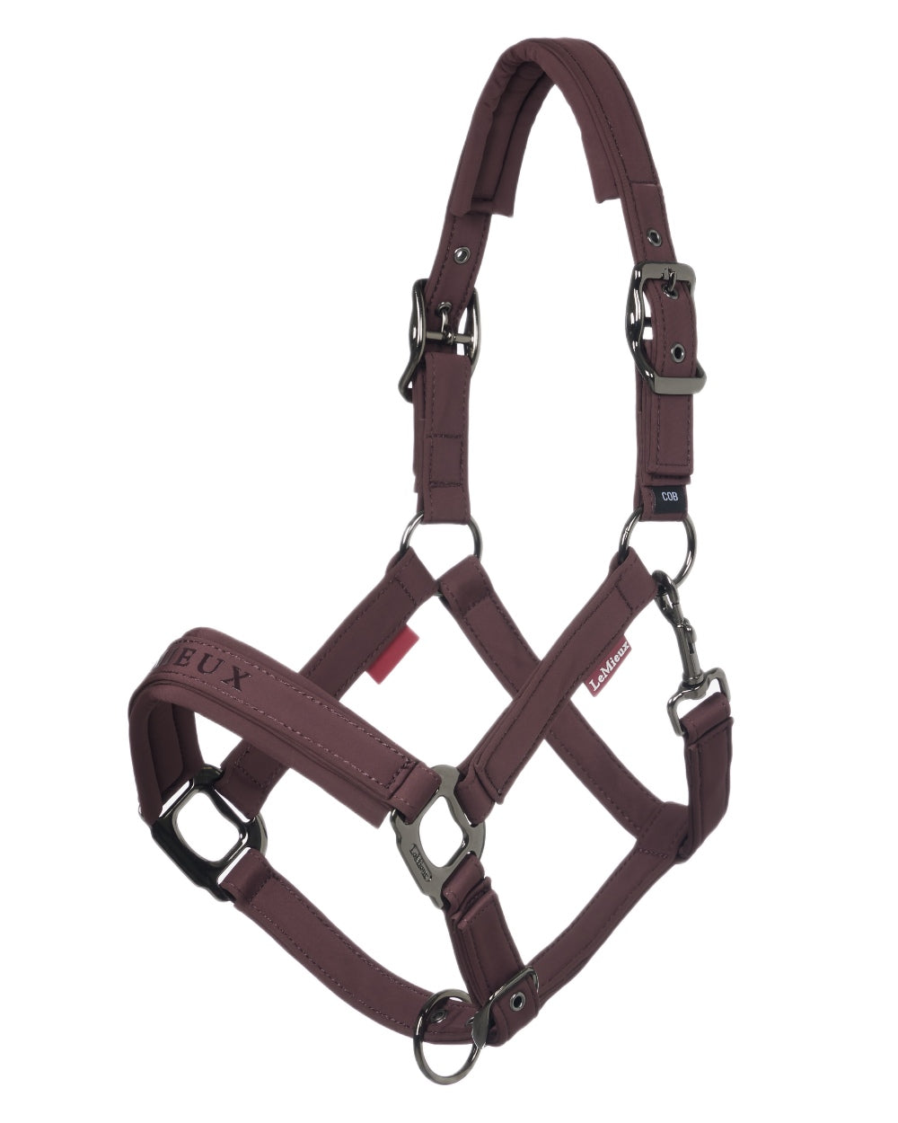Damson coloured LeMieux Essence Headcollar on white background