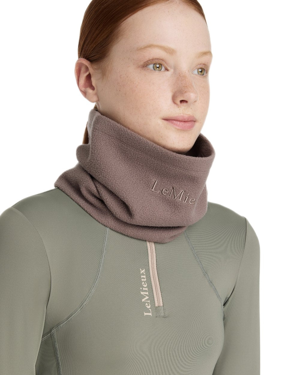 Walnut coloured LeMieux Fleece Snood on white background