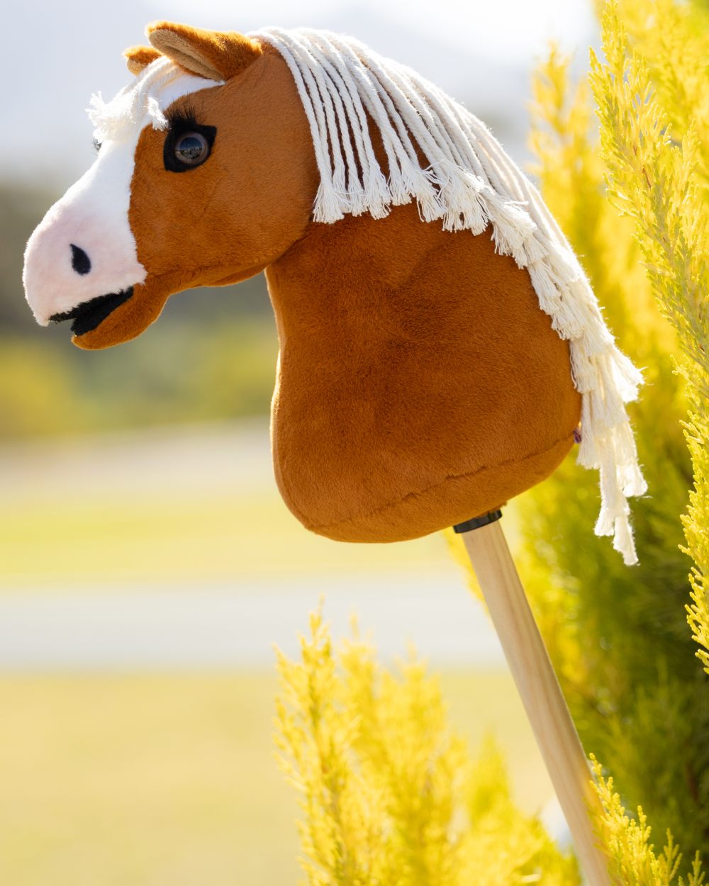 Sundance coloured LeMieux Hobby Horse Lite Sundance on garden background