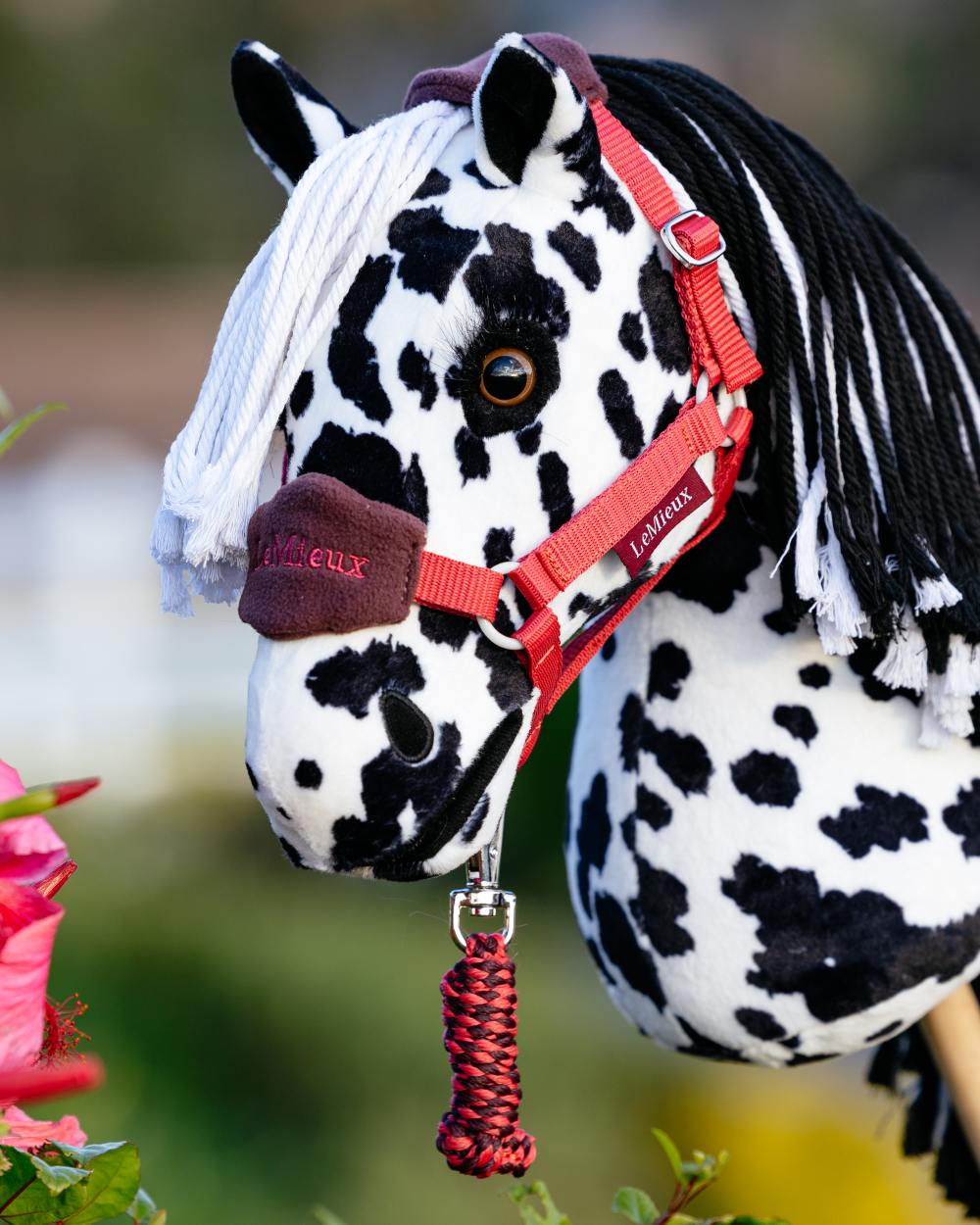 Cranberry coloured LeMieux Hobby Horse Vogue Headcollar on outdoor background